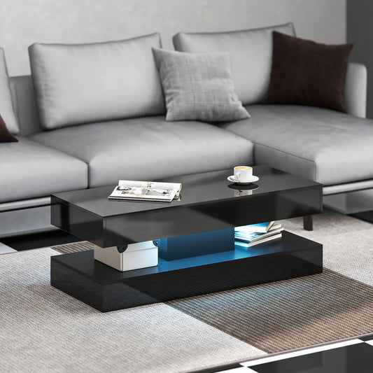 Adjustable LED Coffee Table, Modern Living Room Table, 2 Drawers, Open Shelf, Remote, High Gloss Black Coffee Tables High Gloss Black at Gallery Canada