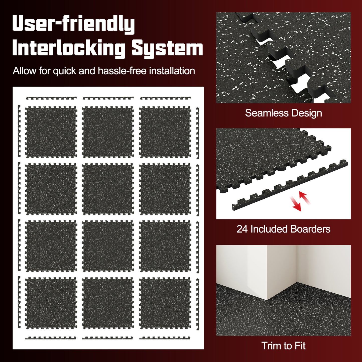 0.79 inch Thick Rubber Top Exercise Mat 48 Sq Ft with Boarders, Black Decorative Fencing & Flooring at Gallery Canada