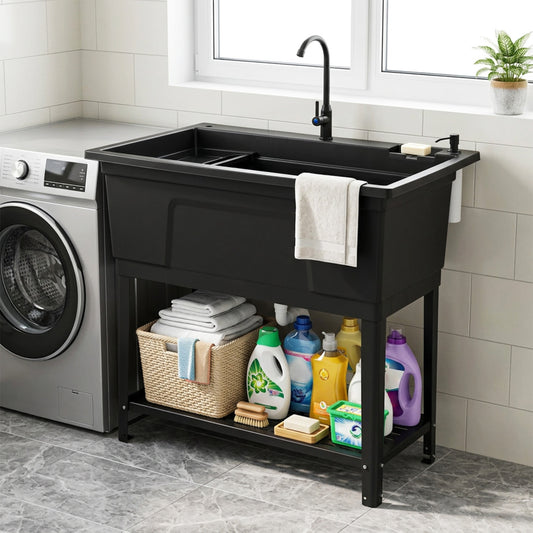 100L Utility Sink Laundry Tub With Rotating Faucet, Black Bathroom Sinks Black at Gallery Canada