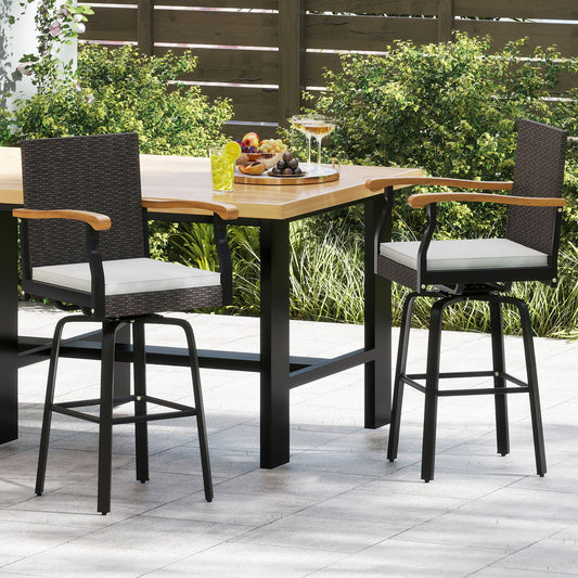 Outdoor 360° Swivel Bar Stool Set, With Cushion and Acacia Wood Armrests, Brown Patio Bar Furniture Brown at Gallery Canada