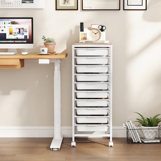 10-Drawer Rolling Storage Cart Mobile Utility Organizer with Wooden Tabletop and Lockable Wheels, White File Cabinets White at Gallery Canada