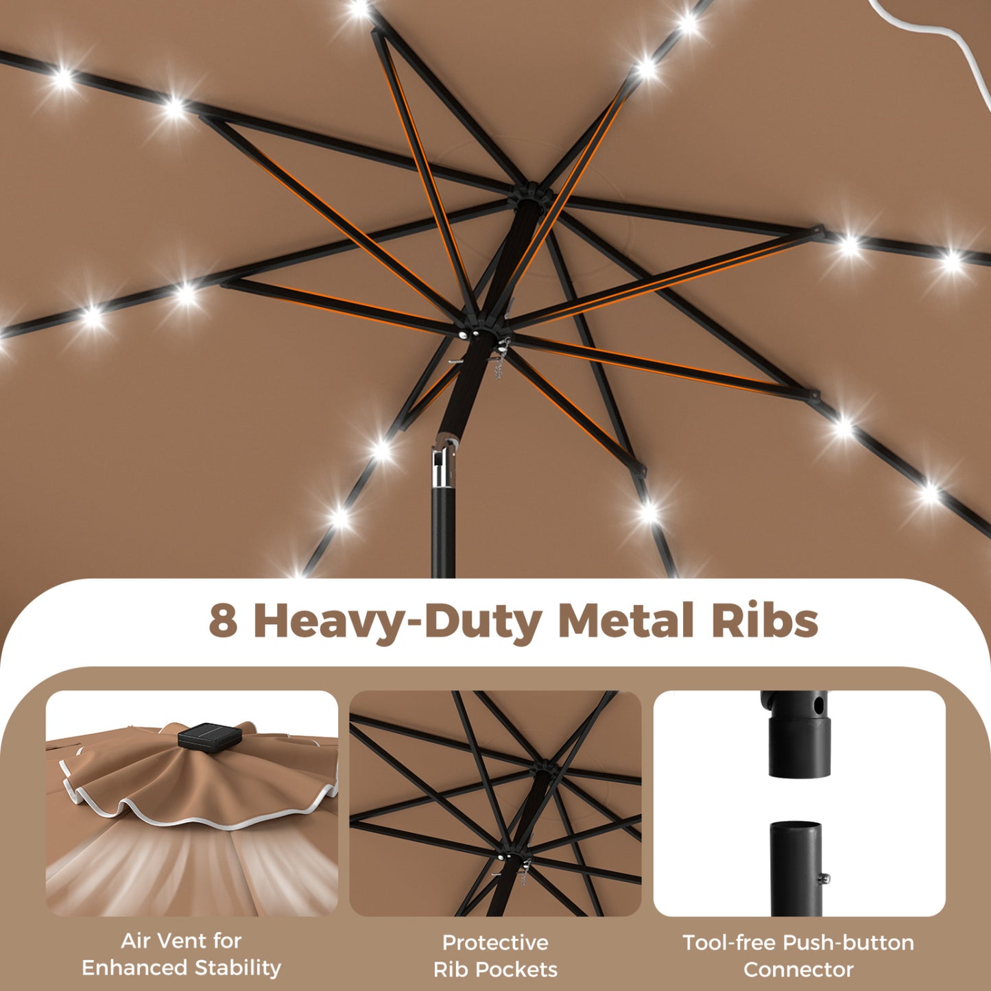 10 FT Outdoor Patio Umbrella, Solar LED Lights, Weighted Base, Brown Outdoor Umbrellas at Gallery Canada