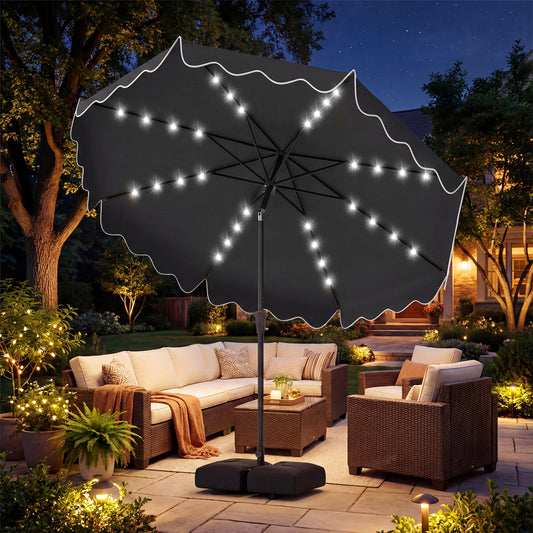 10 FT Outdoor Patio Umbrella, Solar LED Lights, Weighted Base, Gray Outdoor Umbrellas Gray at Gallery Canada