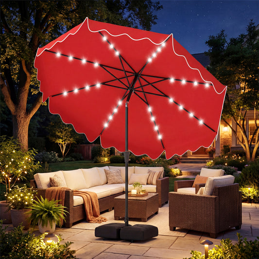 10 FT Patio Umbrella With Solar LED Lights, Weighted Base, Red Outdoor Umbrellas Red at Gallery Canada
