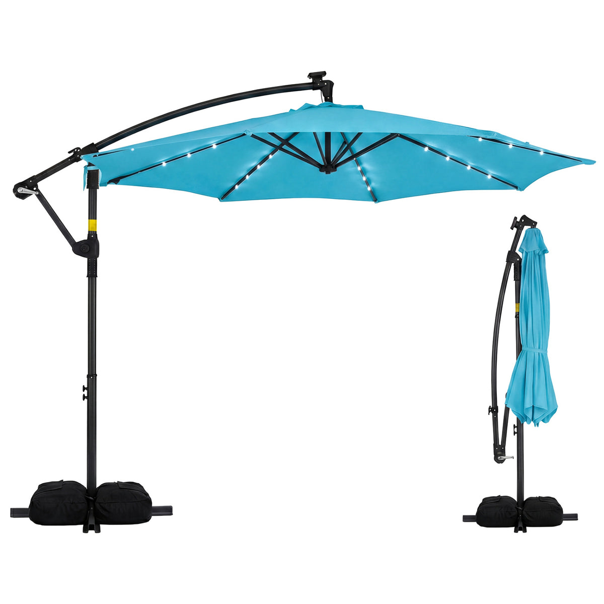 10 Feet Solar Offset Hanging Umbrella with Base and 32 LED Lights, Turquoise Outdoor Umbrellas at Gallery Canada