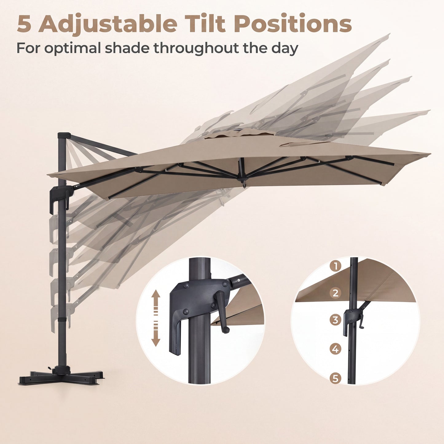 10x13 FT Cantilever Patio Umbrella, 360 Rotation, 5 Tilts, Brown Outdoor Umbrellas at Gallery Canada