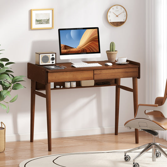 Bamboo Writing Desk With 2 Drawers, Open Shelf, Walnut Writing Desks Walnut at Gallery Canada