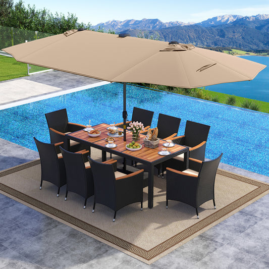 11 Piece Patio Dining Set With LED Umbrella, Base, Cushions, Beige Patio Dining Sets Coffee at Gallery Canada