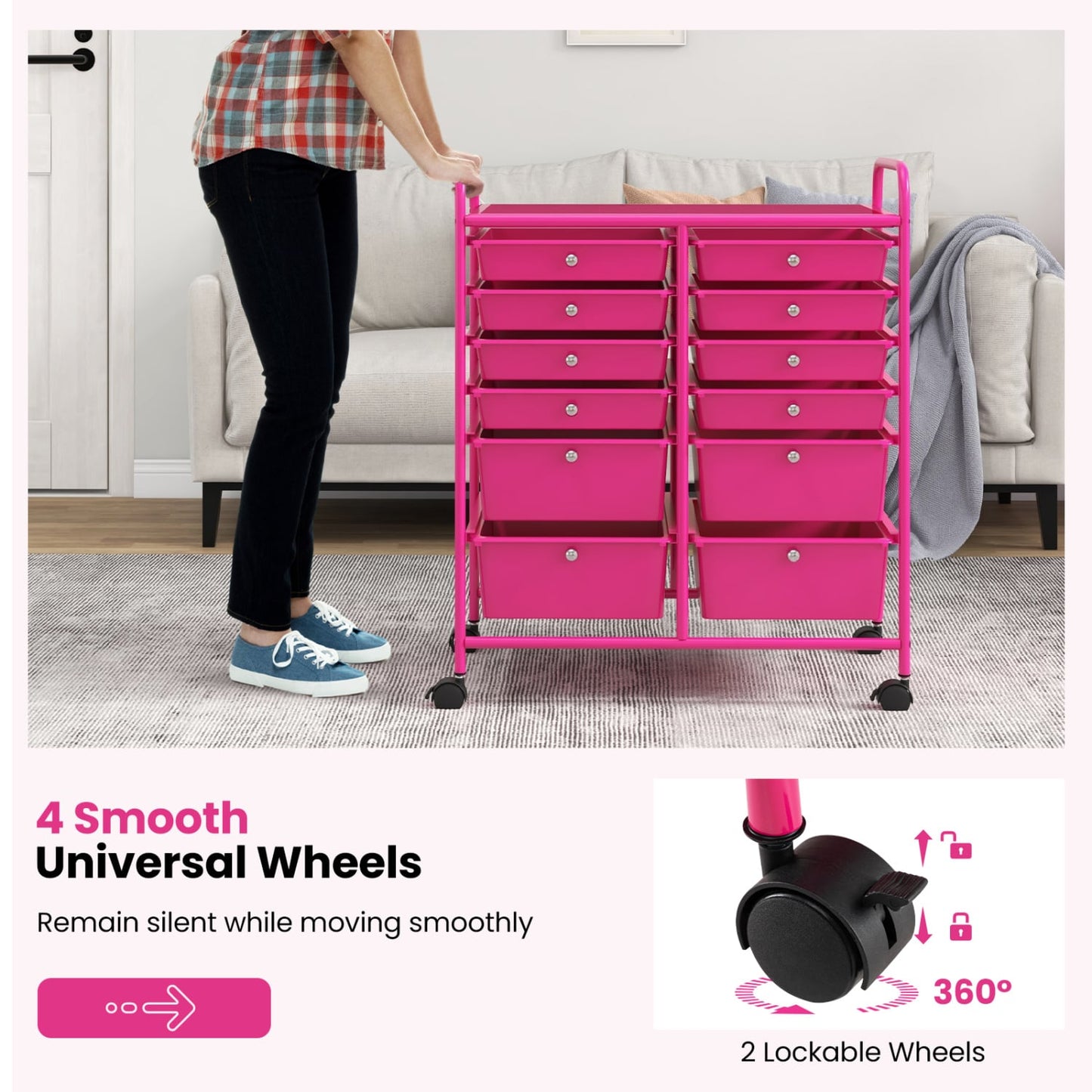 12-Drawer Rolling Storage Cart, Removable Drawers, Lockable Wheels, Rose Red File Cabinets at Gallery Canada