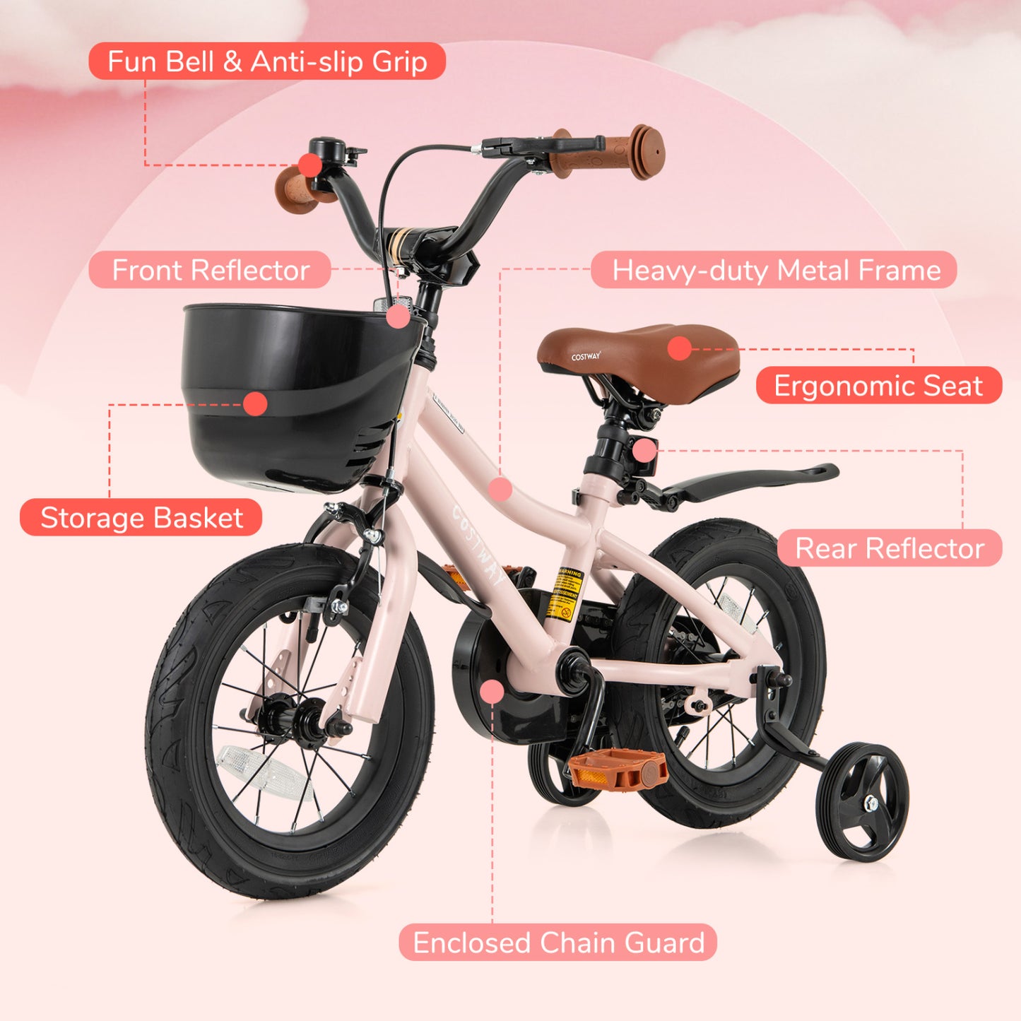 12 Inches Kids Bike With Basket, Adjustable Handlebar, Pink Kids Bike at Gallery Canada