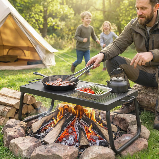 Folding Campfire Grill, Heavy Duty Steel Mesh Grate, Portable With Carry Bag, Black