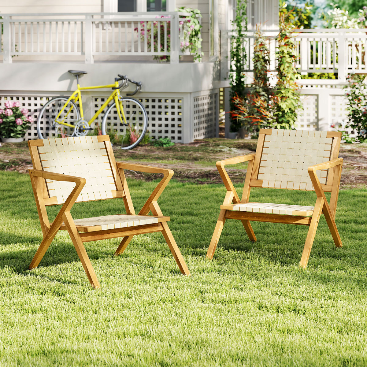 Teak Wood Patio Chair With Webbing Seat, Natural Patio Dining Chairs at Gallery Canada