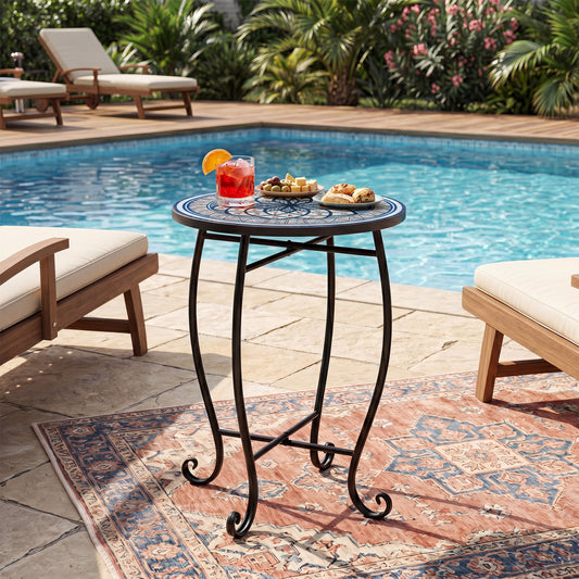 14" Floral Clover/Blooming Lotus/Bright Sunflower Mosaic Patio Accent Coffee End Table, White Patio Coffee Tables White at Gallery Canada