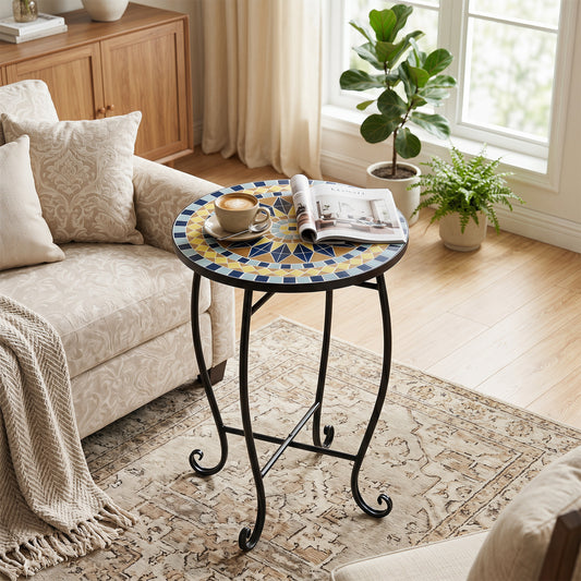 14" Floral Clover/Blooming Lotus/Bright Sunflower Mosaic Patio Accent Coffee End Table, Yellow Patio Coffee Tables Yellow at Gallery Canada