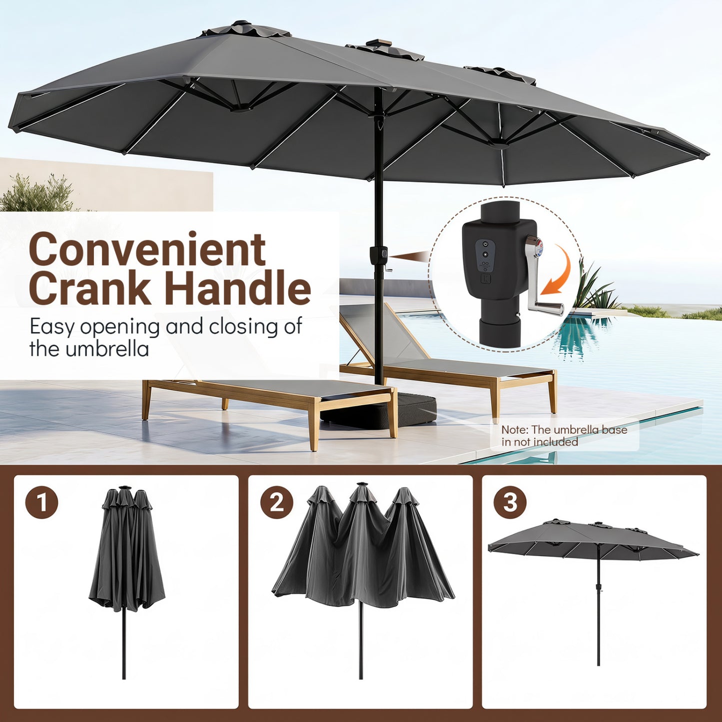 Parapluie de patio de 15,5 pi, 12 nervures métalliques, gris