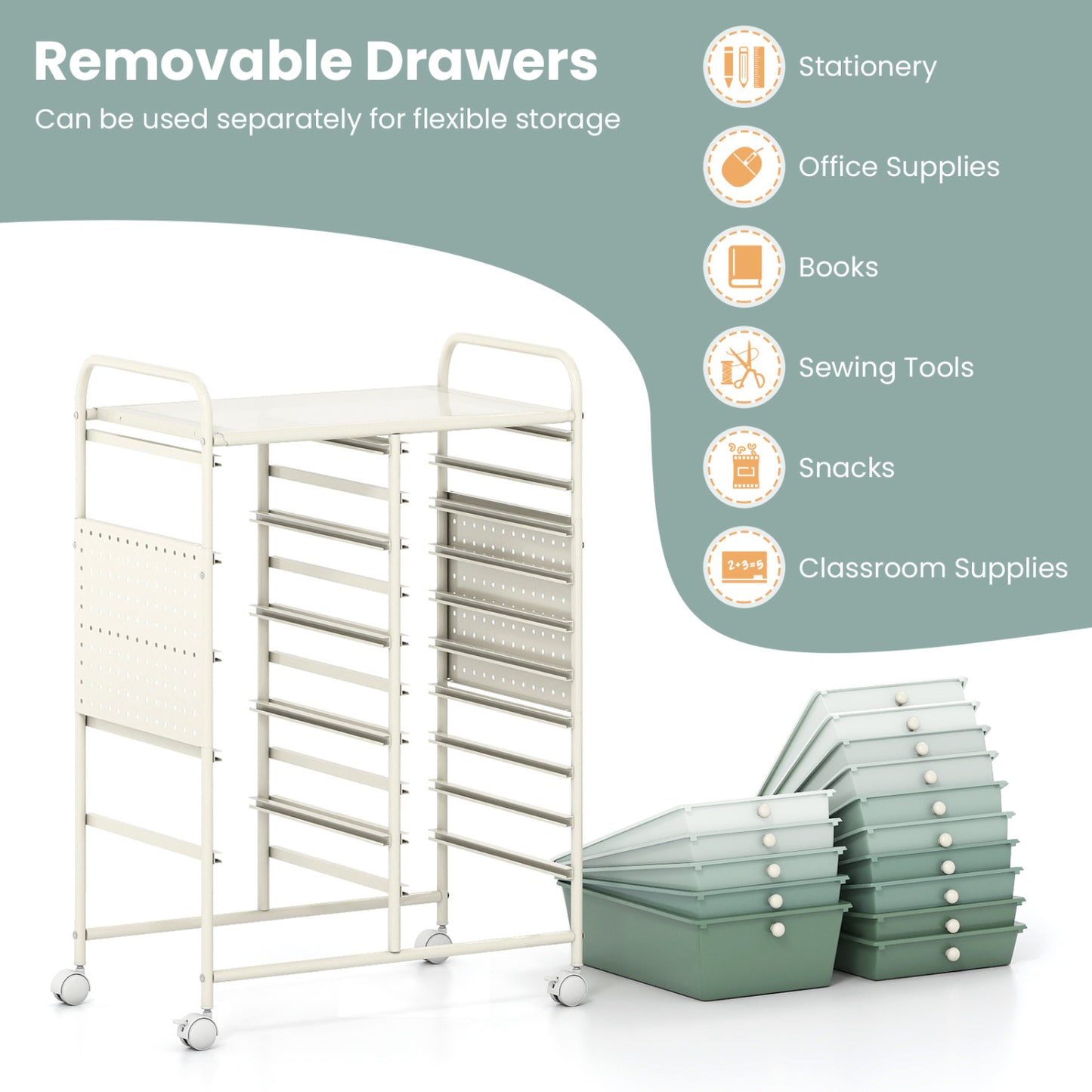 15-Drawer Rolling Storage Cart, Metal Tabletop, Pegboard, Green File Cabinets at Gallery Canada