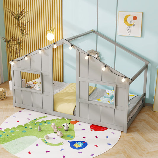 Twin Size House Bed With LED Lights, Montessori Slat-Free Floor Bed, Gray Toddler Beds Gray at Gallery Canada