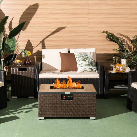 32 Inch x 20 Inch Propane Rattan Fire Pit Table Set, Brown Fire Pit Tables at Gallery Canada