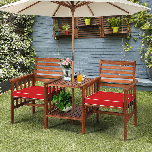 3 Pcs Outdoor Patio Table Chairs Set, Acacia Wood Loveseat, Red Patio Conversation Sets Red at Gallery Canada