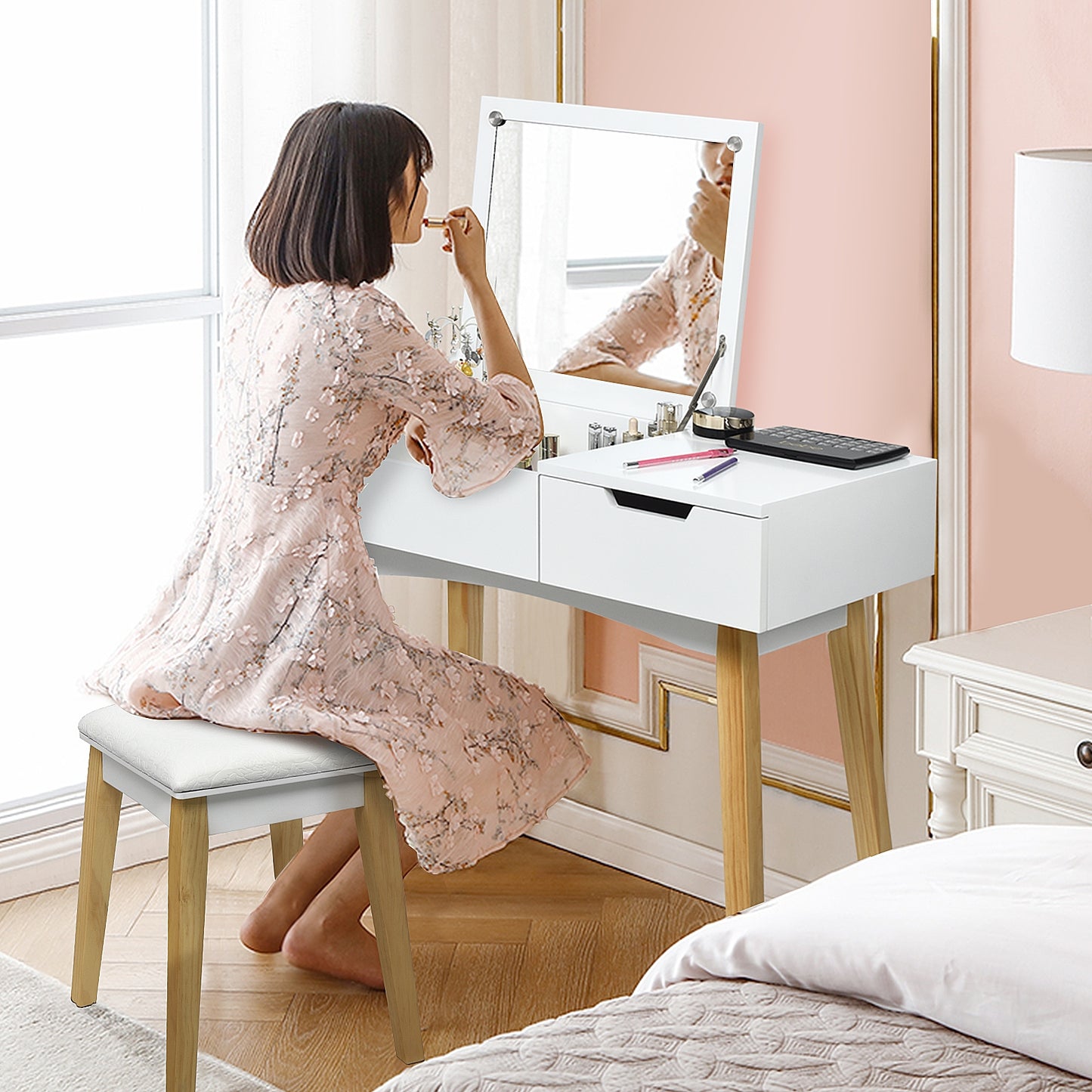 Wooden Vanity Table With Flip Top Mirror, Cushioned Stool, White Makeup Vanities at Gallery Canada