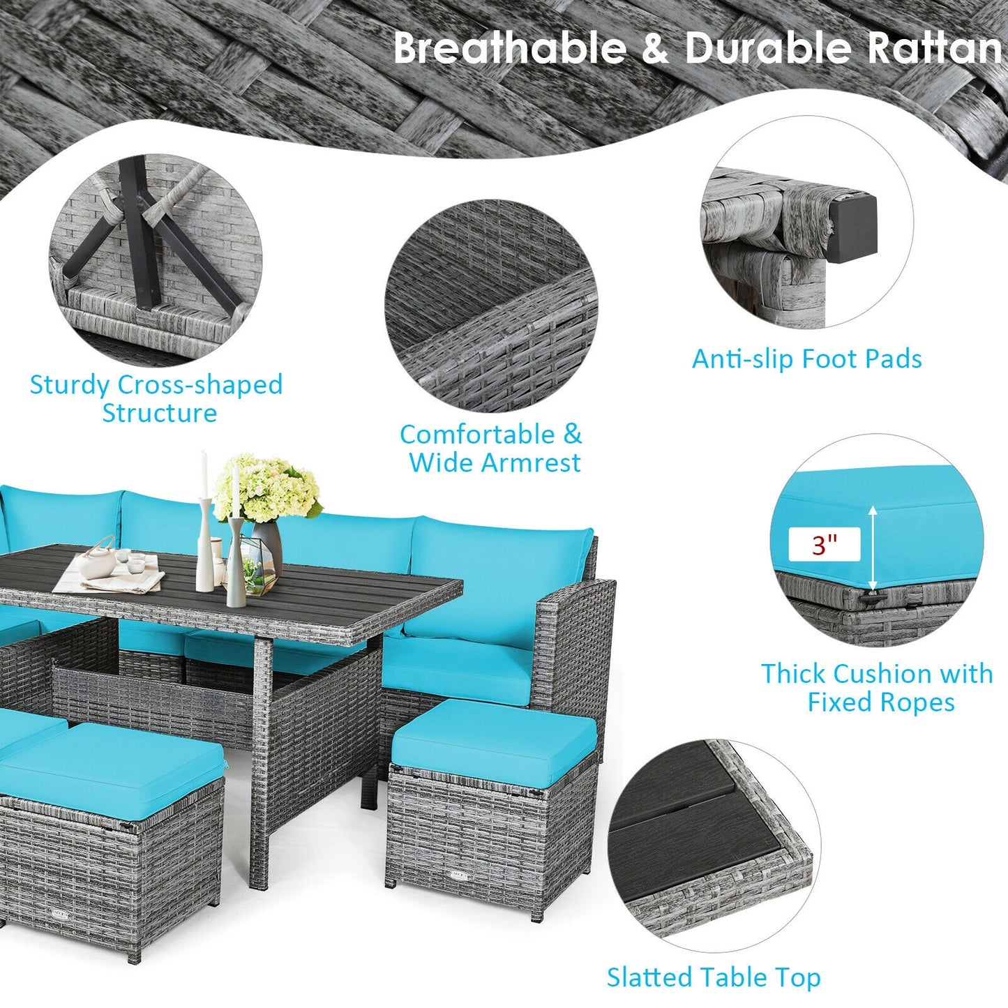 7-Piece Rattan Patio Dining Set, Sectional Sofa, Turquoise Outdoor Sectionals at Gallery Canada