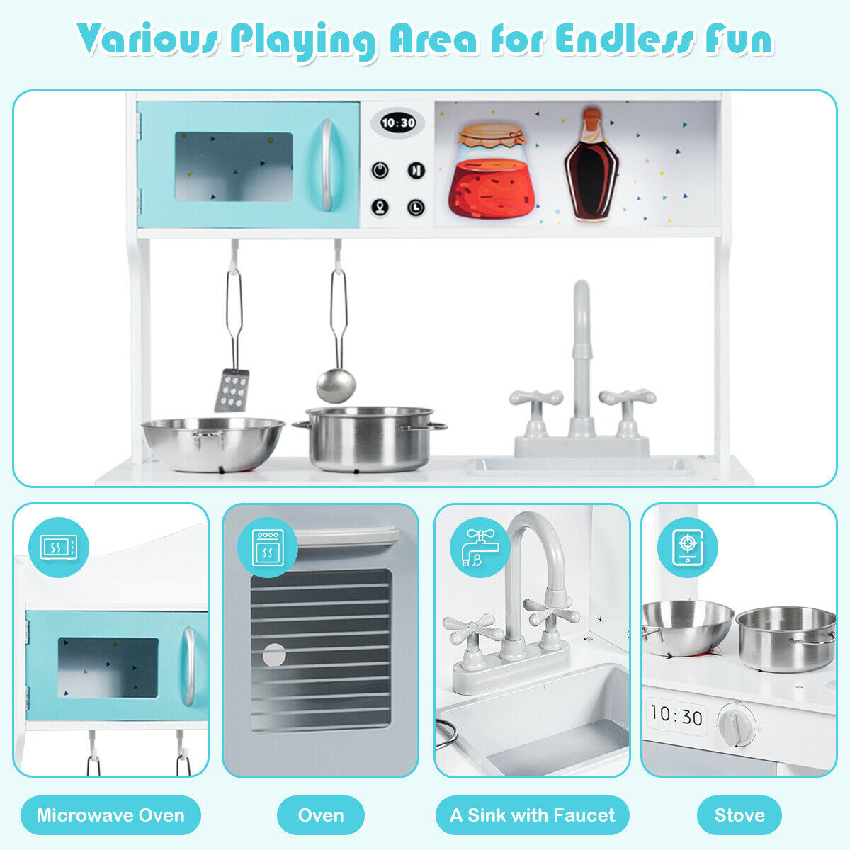 Kids Kitchen Cookware Pretend Cooking Food Play Set, White, Gray Play Kitchen Sets at Gallery Canada