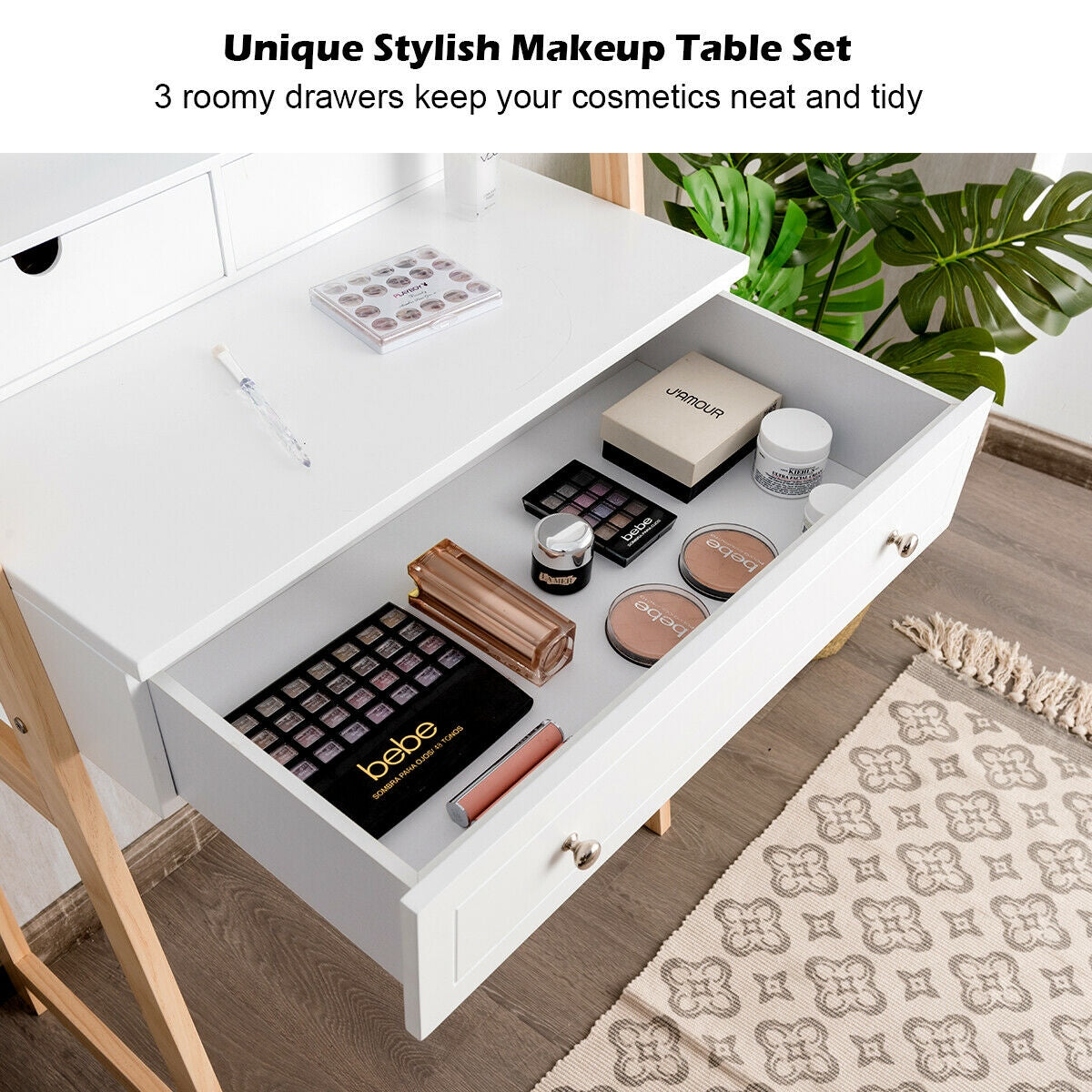 Vanity Table Set With Cushioned Stool, Large Mirror, White Makeup Vanities at Gallery Canada