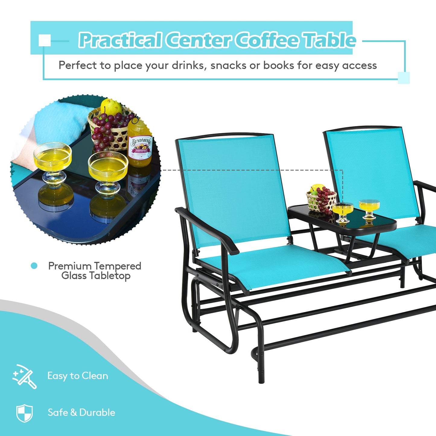 2-Person Rocking Loveseat, Mesh Fabric, Center Tempered Glass Table, Turquoise Patio Conversation Sets at Gallery Canada