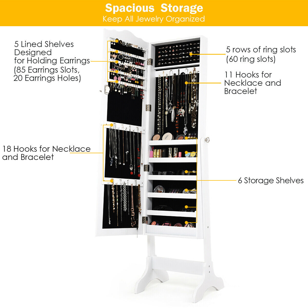 Mirrored Jewelry Cabinet Armoire Organizer, White Jewelry Armoires at Gallery Canada