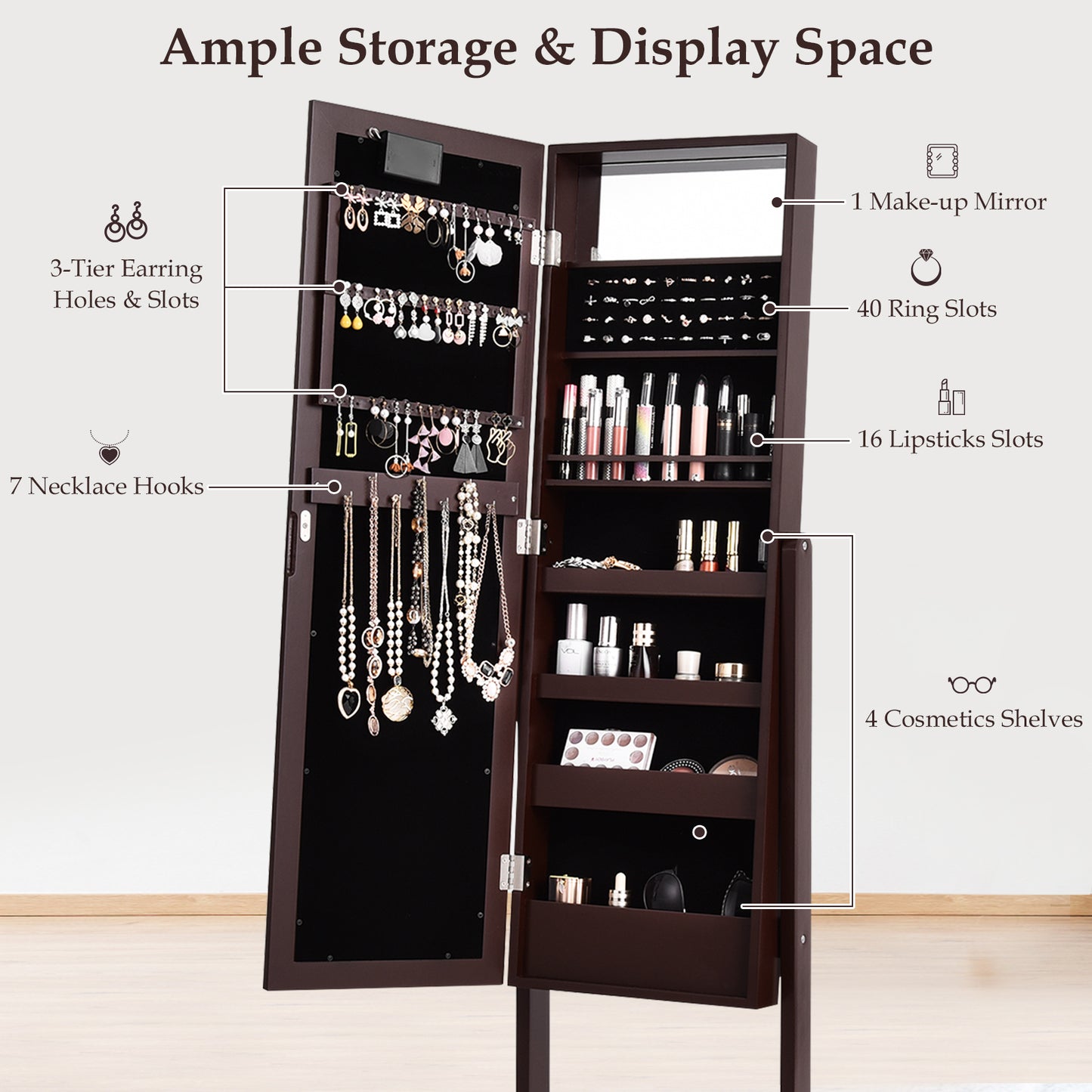 Mirrored Jewelry Cabinet Armoire Organizer, Brown Jewelry Armoires at Gallery Canada