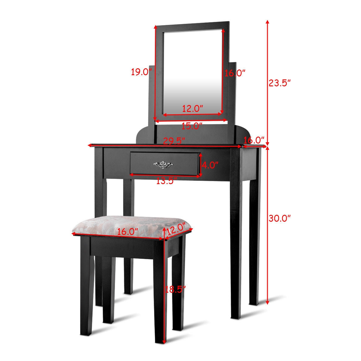 Vanity Dressing Table Stool Set, Large Makeup Mirror, Black Makeup Vanities at Gallery Canada