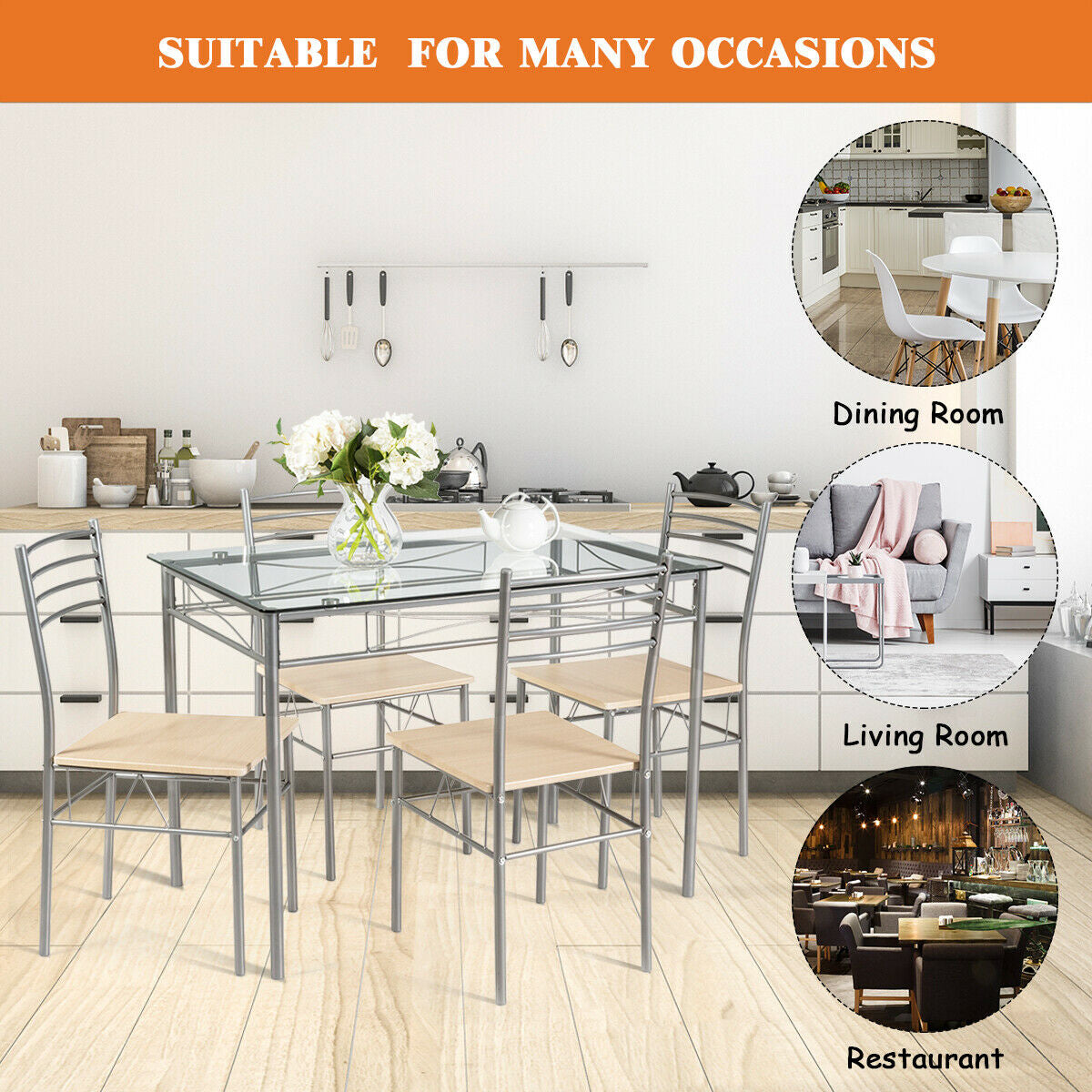 5 Piece Dining Set, Glass Table And 4 Chairs, Natural Dining Room Sets at Gallery Canada