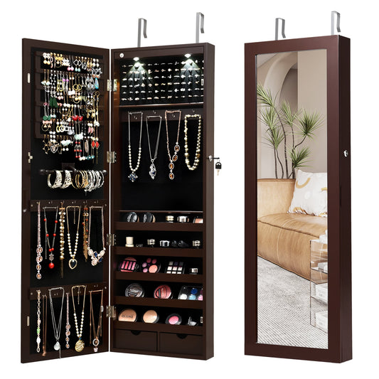 Lockable Wall Mount Jewelry Cabinet, Mirrored With LED Lights, Brown Jewelry Armoires Brown at Gallery Canada