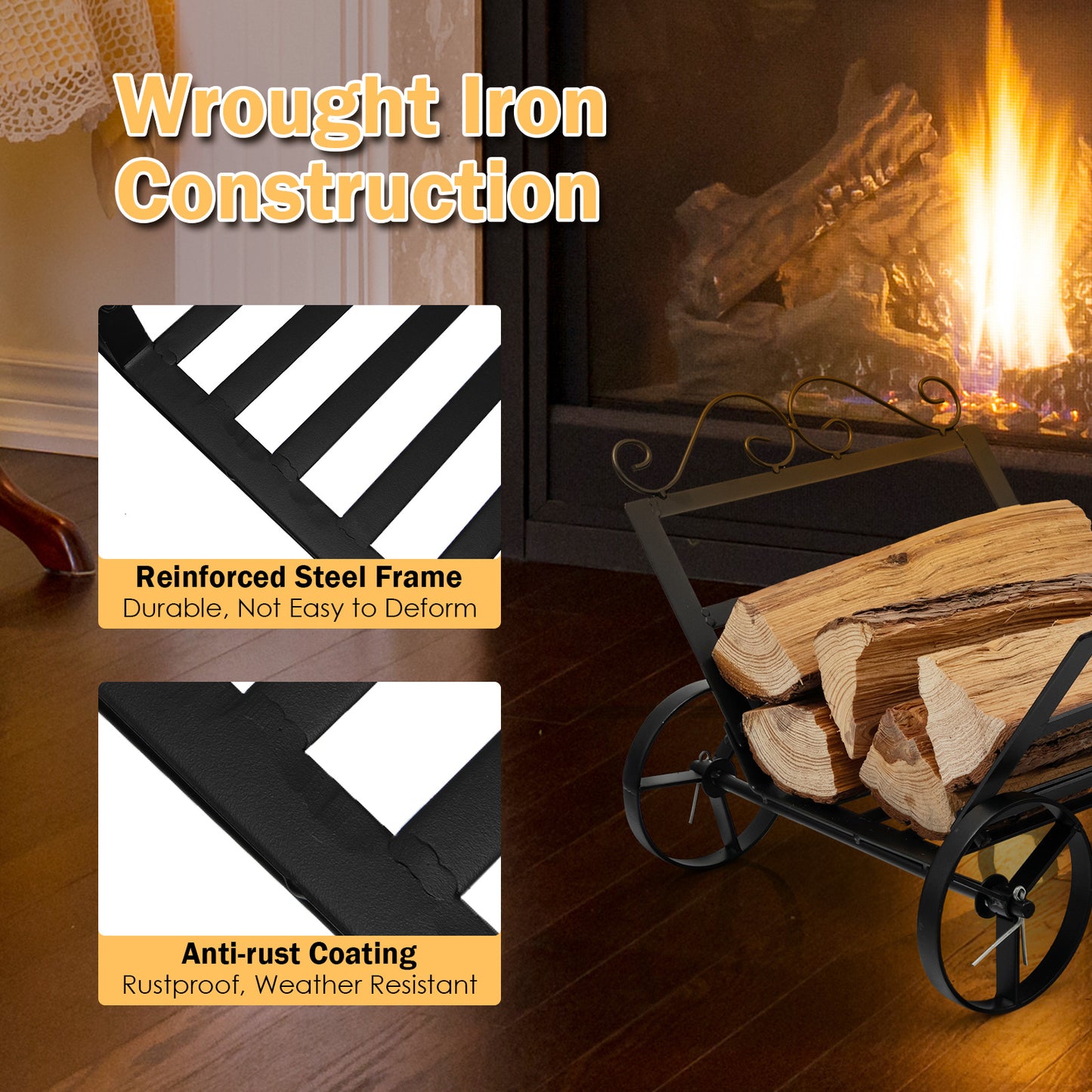 Decorative Rustproof Steel Firewood Rack With Wheels, Black Log Storage at Gallery Canada