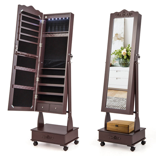 Rolling Floor Standing Mirrored Jewelry Armoire, Lock, Drawers, Brown Jewelry Armoires Brown at Gallery Canada