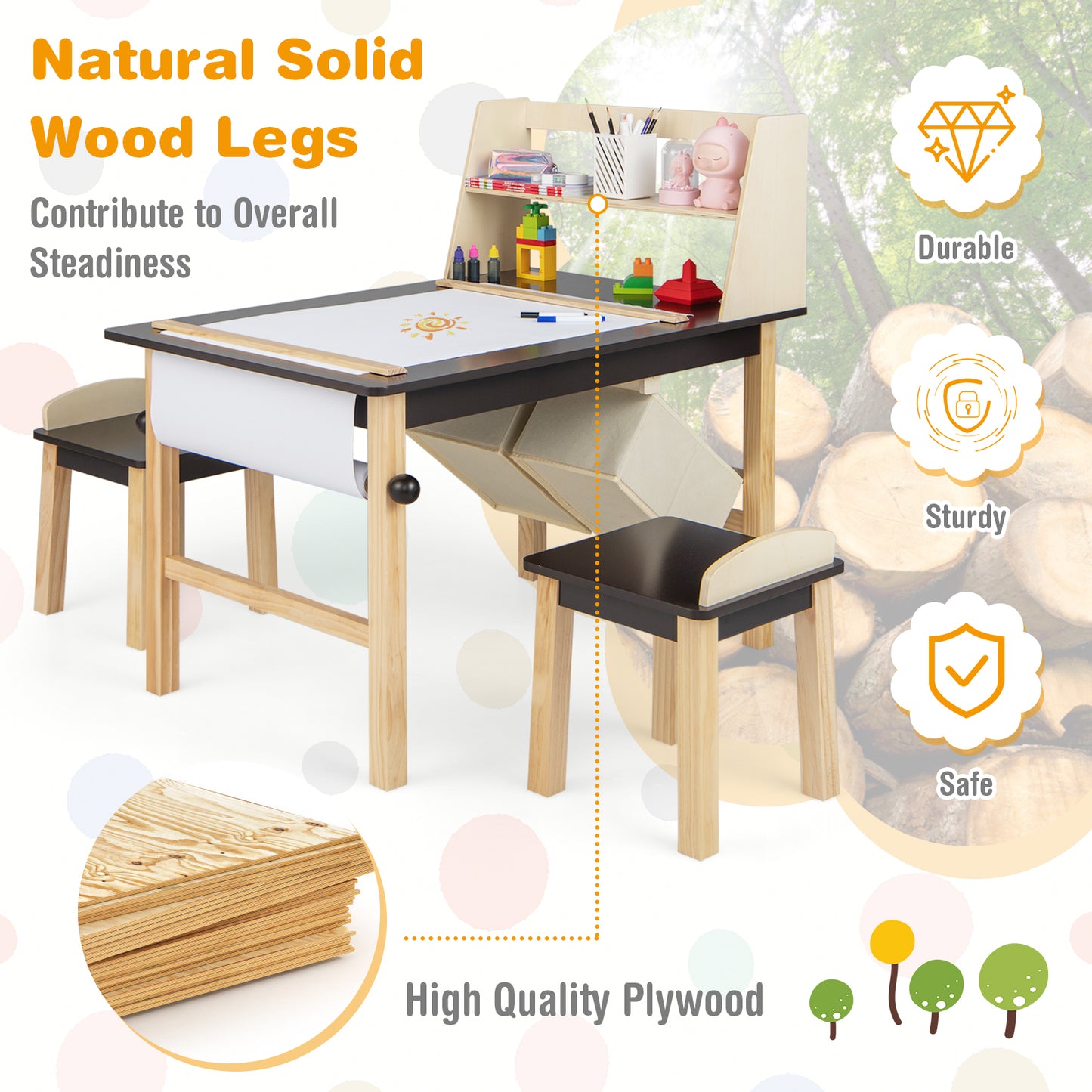 Kids Art Table And Chairs Set, With Paper Roll And Storage Bins, Coffee Kids Table & Chair Sets at Gallery Canada
