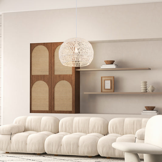 Round Farmhouse Rattan Pendant Light, Adjustable Hanging Rope, Beige Ceiling Lights Beige at Gallery Canada