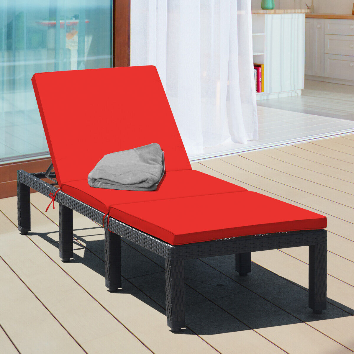 Rattan Height Adjustable Lounge Chair, 2 Cushion Covers, Off White, Red Outdoor Chaise Lounges at Gallery Canada