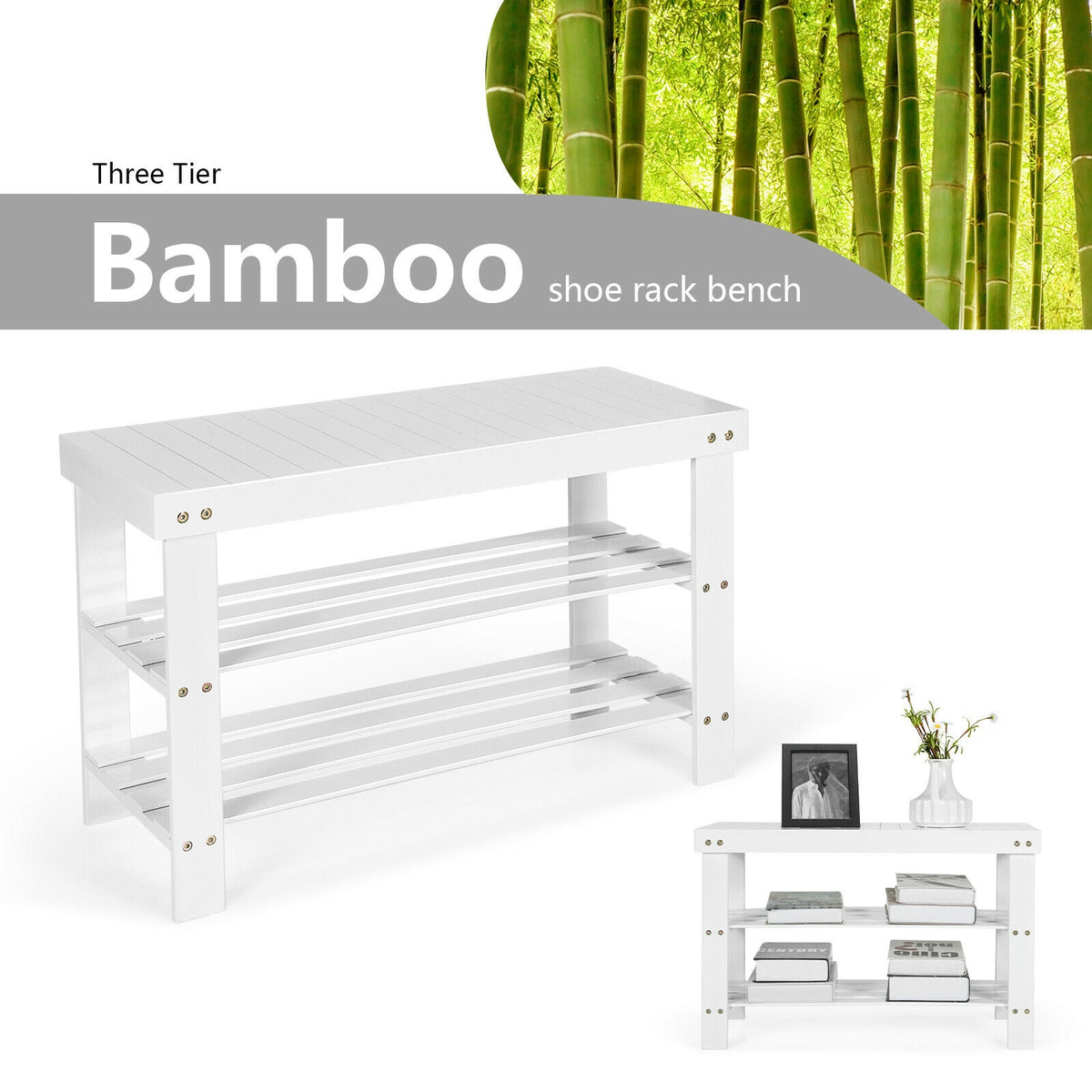 3-Tier Bamboo Shoe Bench, Holds 6 Pairs, White Shoe Racks & Storage Benches at Gallery Canada