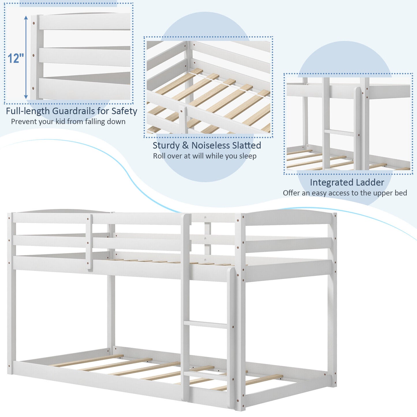 Twin Size Bunk Bed, High Guardrails, Integrated Ladder, White Bunk Bed Frame at Gallery Canada