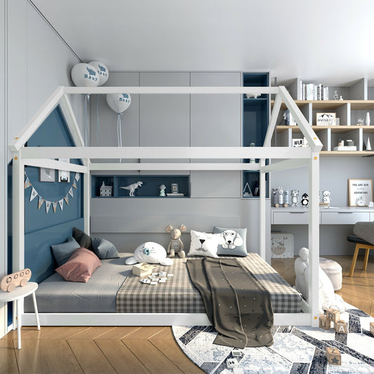 Kids Platform Floor Bed With Roof, Heavy Duty Slats, White Simple Bed Frame White at Gallery Canada