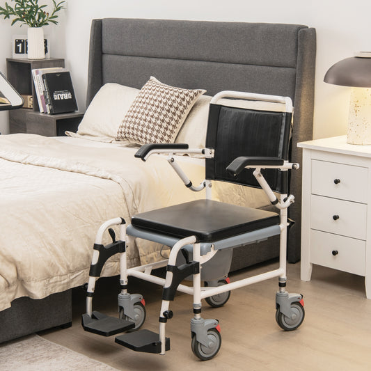 4-In-1 Bedside Commode Wheelchair, Detachable Bucket, White, Black Walkers & Rollators Black & White at Gallery Canada