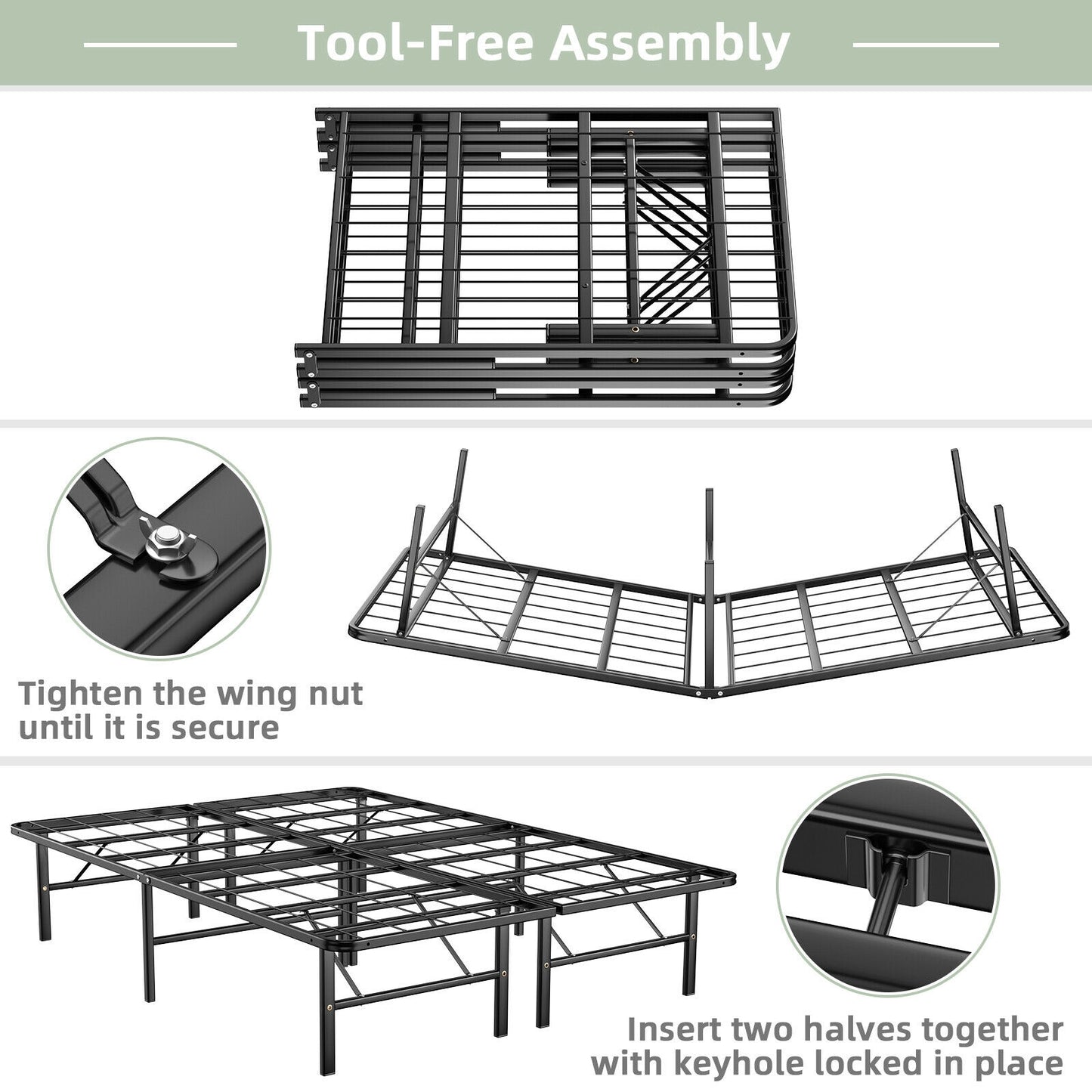 Queen Size Foldable Metal Platform Bed, Tool-Free Assembly, Black Simple Bed Frame at Gallery Canada