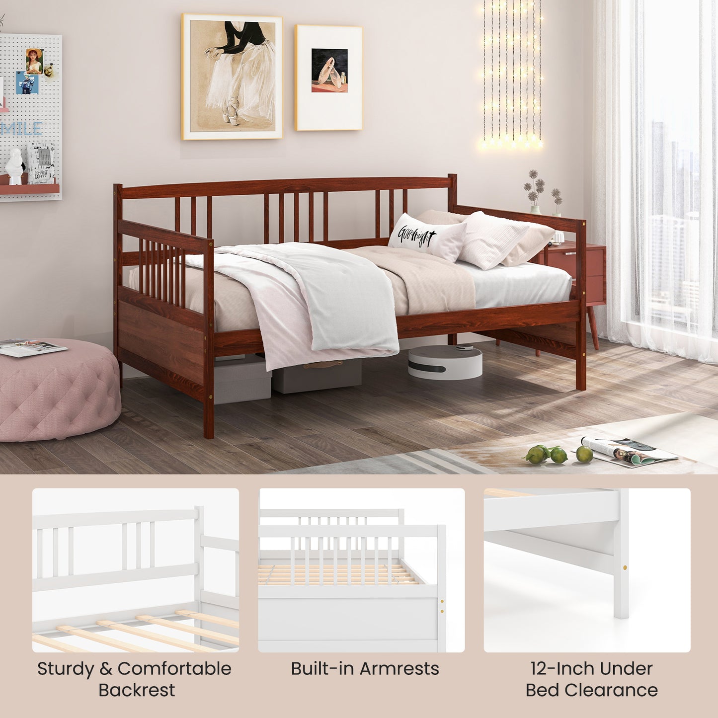 Twin Size Wooden Slats Daybed With Rails, Rustic Brown Trundle Bed Frame at Gallery Canada