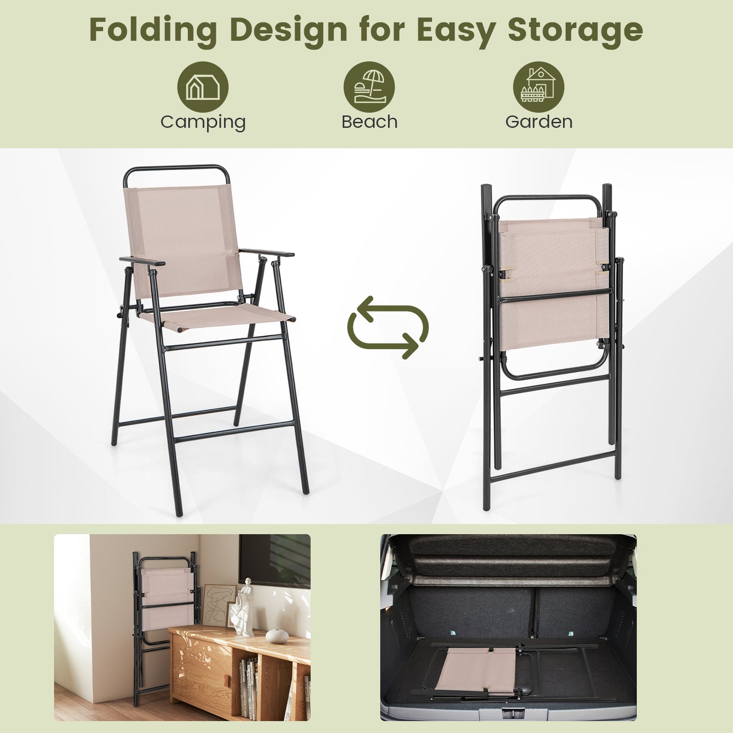 Set of 2 Patio Folding Bar-Height Chairs, Armrests, Quick-Drying Seat, Beige Patio Bar Furniture at Gallery Canada