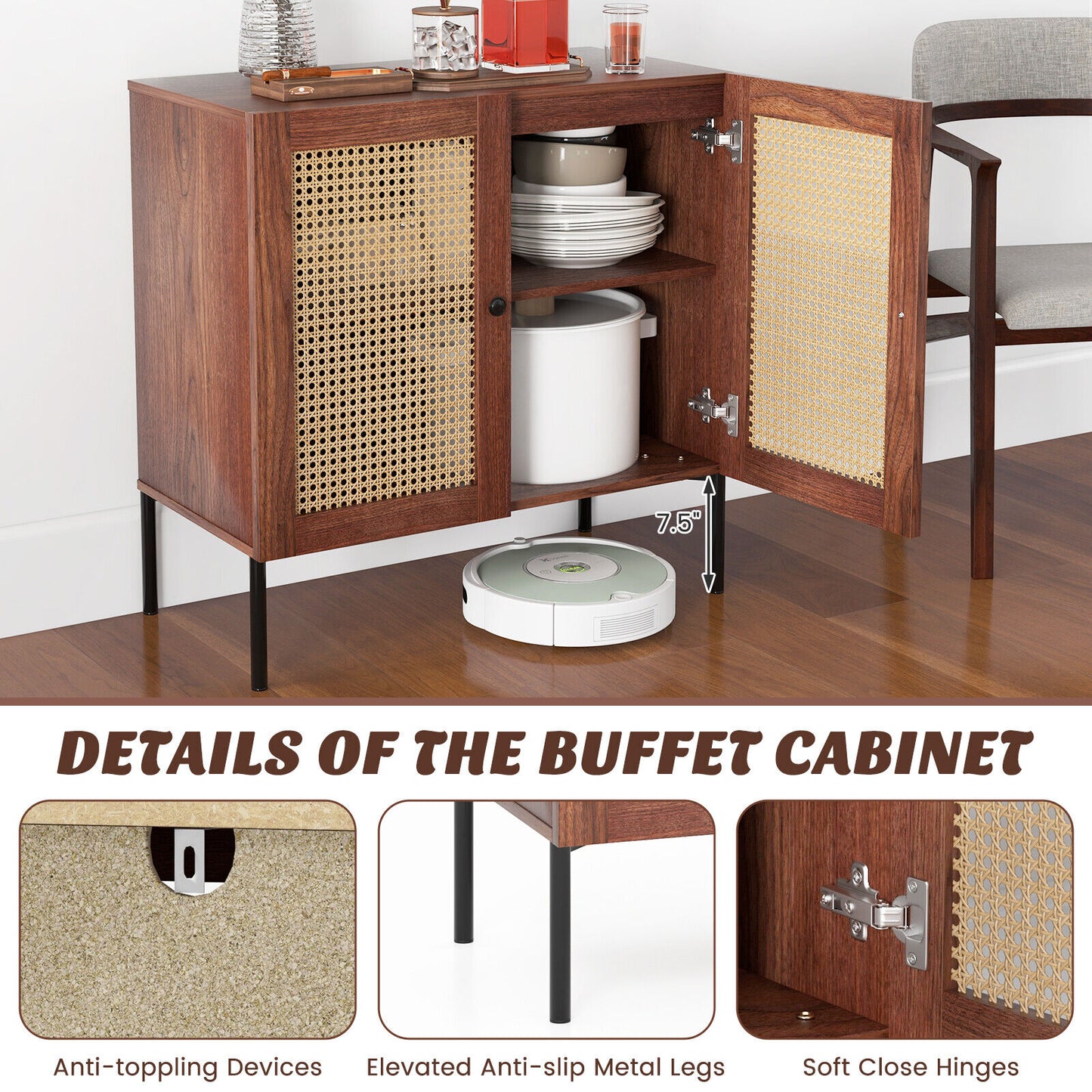 Kitchen Sideboard With 2 Rattan Doors, Adjustable Shelf, Walnut Sideboards Cabinets & Buffets at Gallery Canada