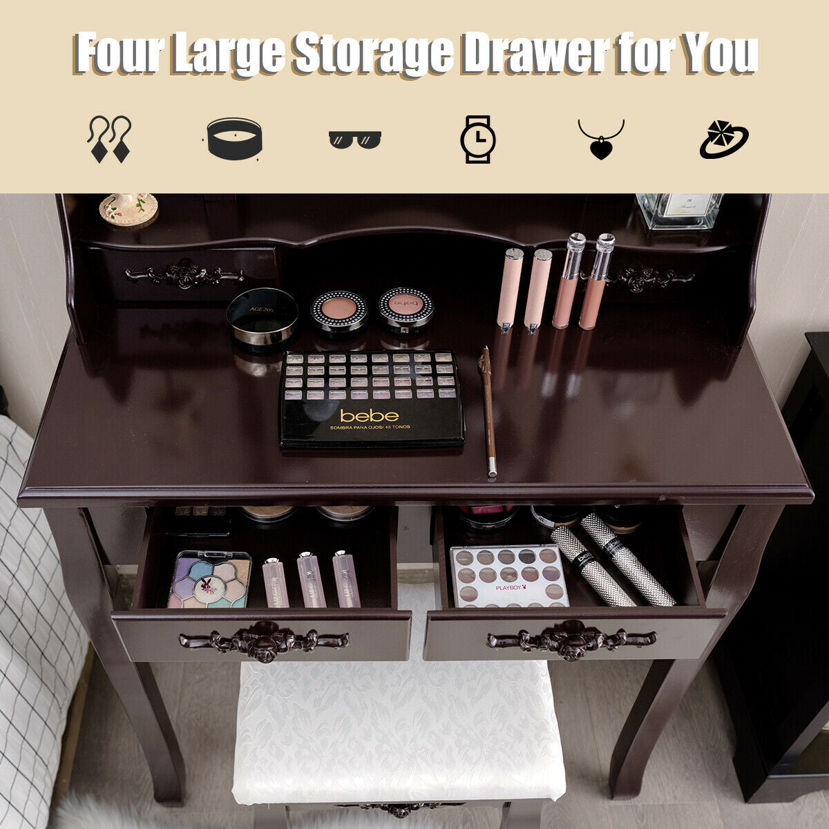 Makeup Dressing Table With Touch Switch Lighted Mirror, Cushioned Stool, Brown Makeup Vanities at Gallery Canada