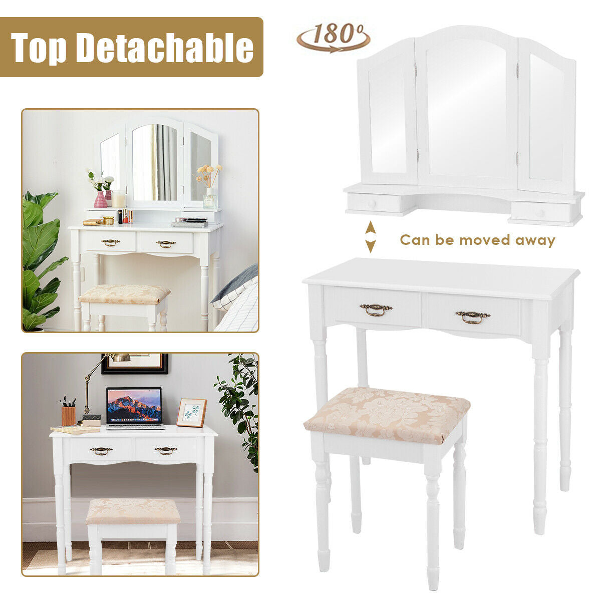 Vanity Set With Tri-Folding Mirror, Drawers, Storage Shelf, White Makeup Vanities at Gallery Canada
