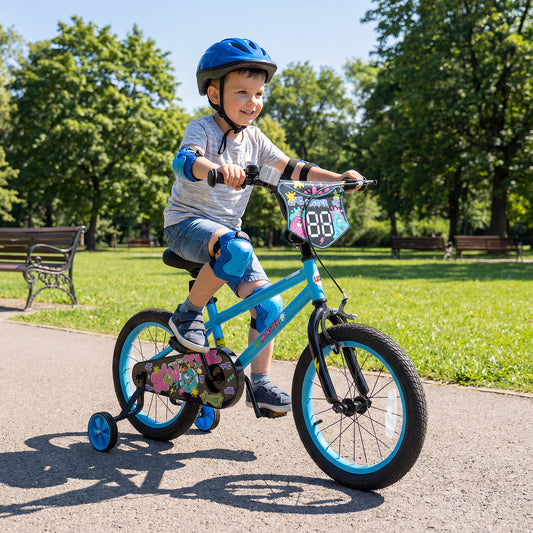 16 Inch Kids Bike with Training Wheels for Ages 4-7 Years Old Blue- Street Art Time, Blue Kids Bike Blue at Gallery Canada
