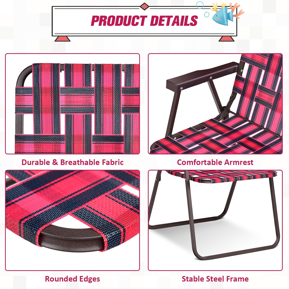 Folding Beach Chair, Camping Lawn Webbing Chair, 6 Pieces, Red Beach & Lawn Chairs at Gallery Canada